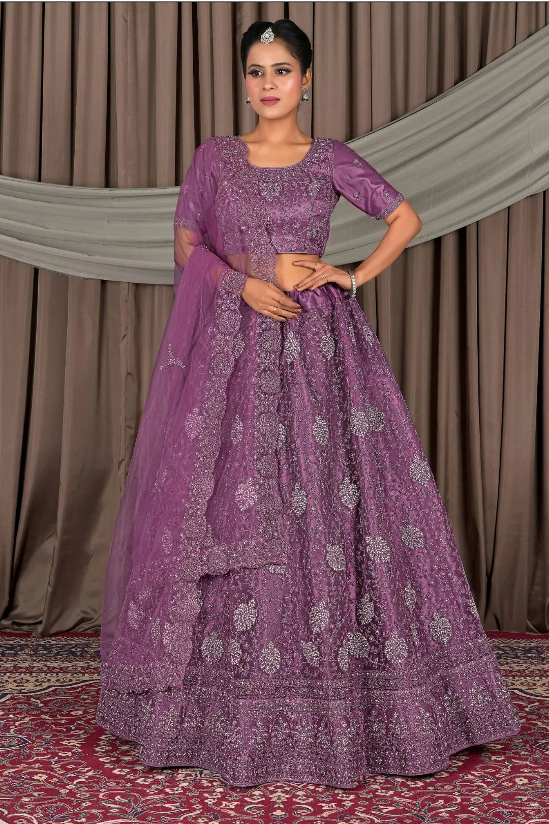 Wine Embroidered Bridesmaid Lehenga Choli In Net