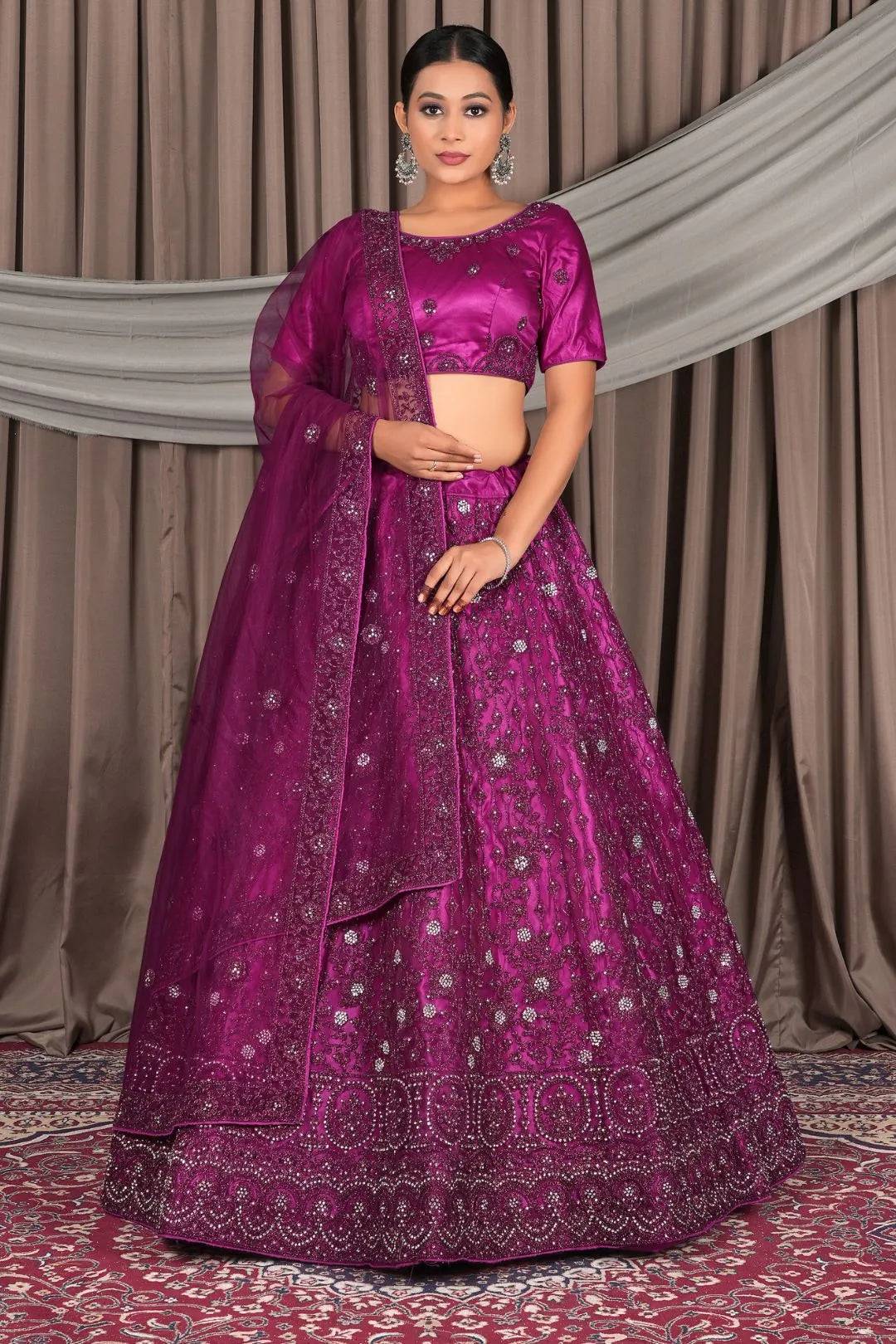 Wine Embroidery Work Net Lehenga Choli