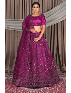 Wine Embroidery Work Net Lehenga Choli