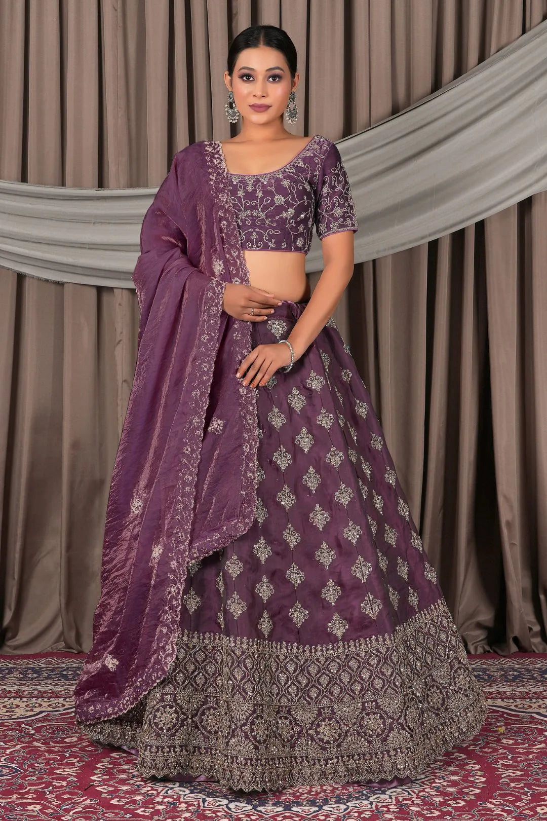 Wine Fendy Silk Semi-Stitched Lehenga For Women