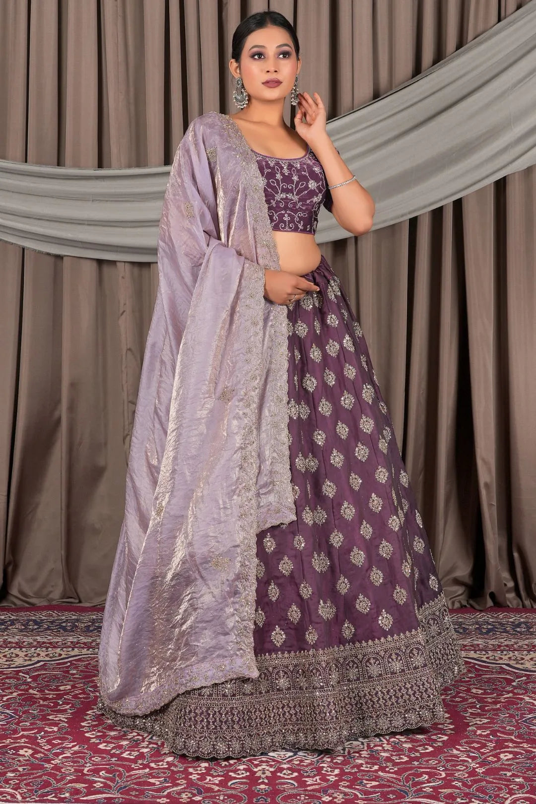 Wine Fendy Silk Semi-Stitched Lehenga For Women