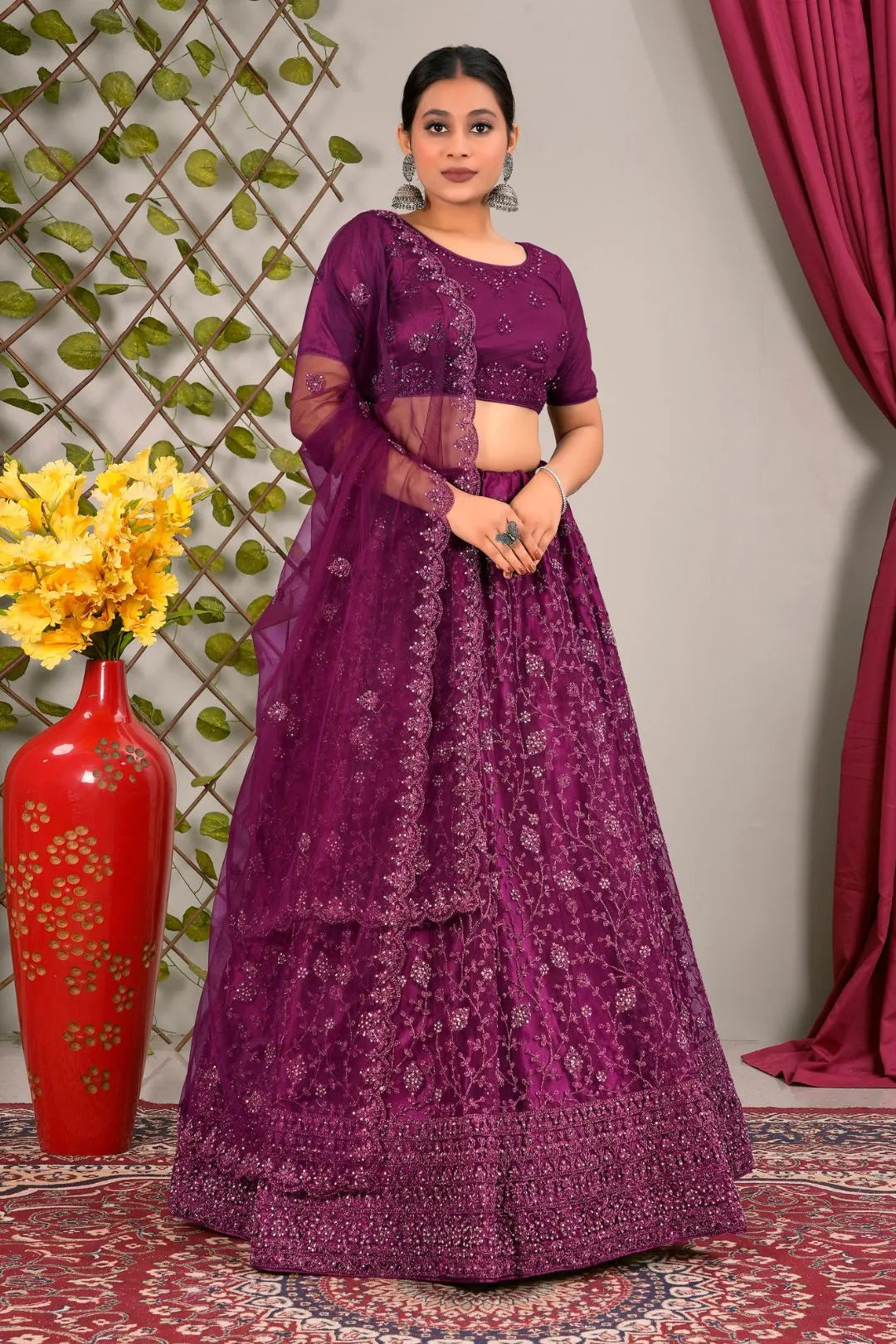 Wine Latest Net Lehenga Choli Set Wedding