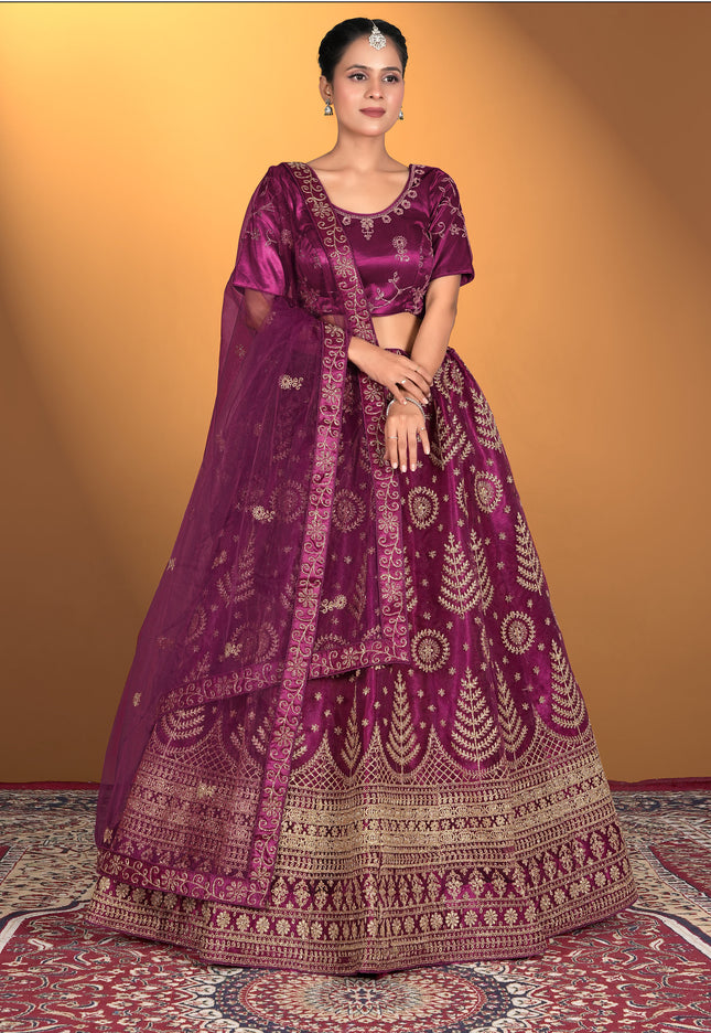 Woman wearing a traditional purple embroidered outfit