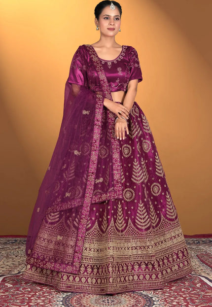 Wine Net Lehenga Choli For Women With Embroidery Work