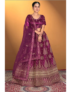 Wine Net Lehenga Choli For Women With Embroidery Work