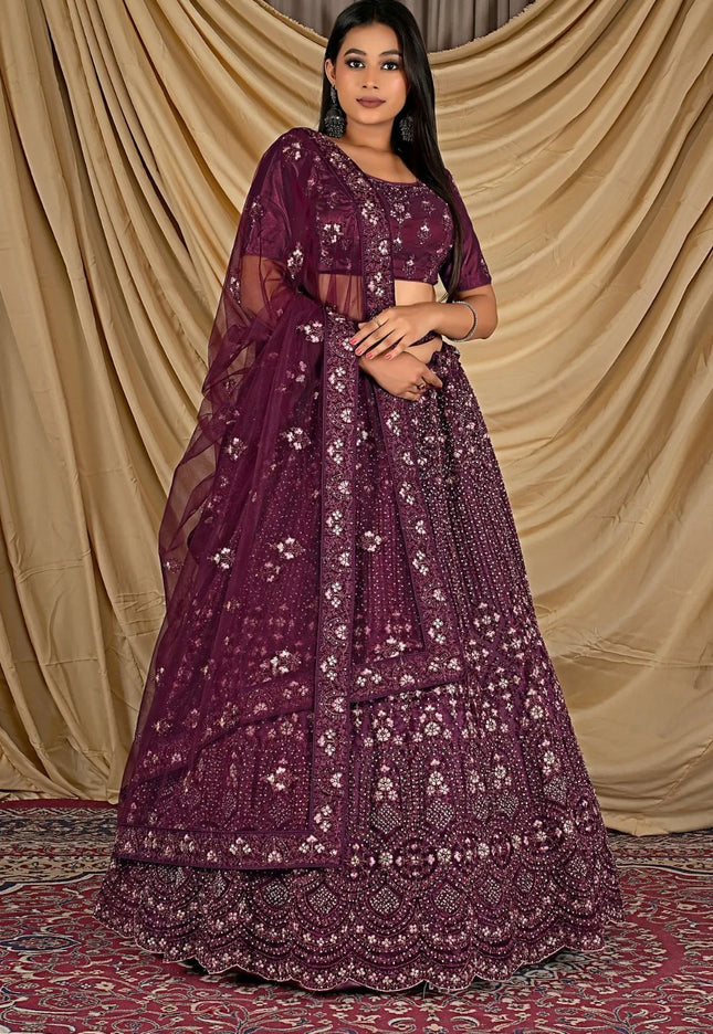 Wine Party Wear Embroidered Net Lehenga Choli For Women
