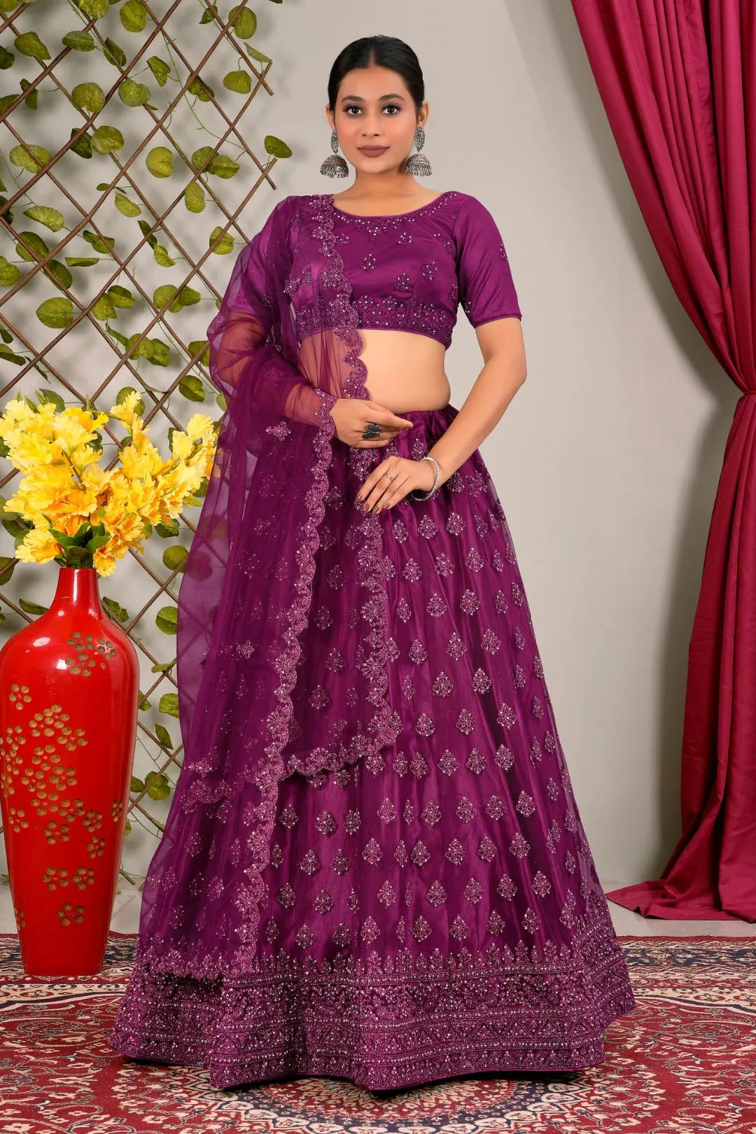 Wine Party Wear Net Lehenga Choli For Weddings
