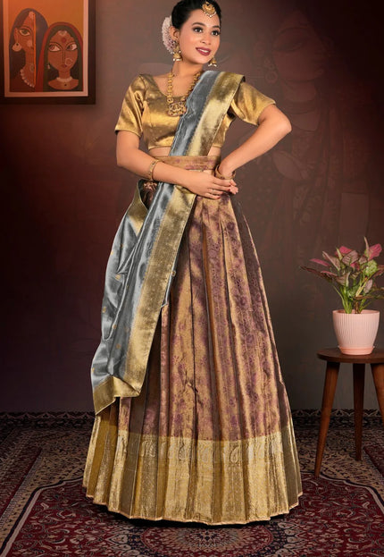 Wine Pure Two Tone Zari Tissue Lehenga Choli with Zari Work