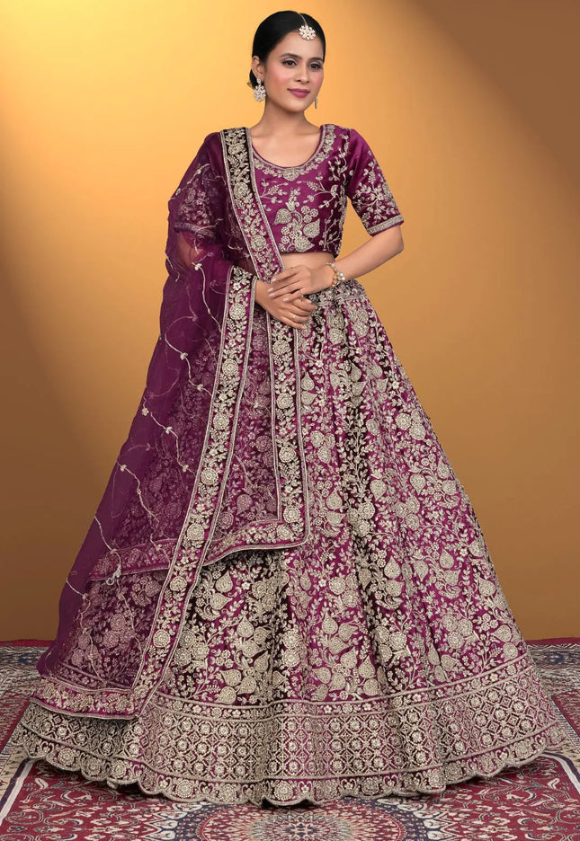 Wine Velvet Lehenga Choli With Net Dupatta For Women