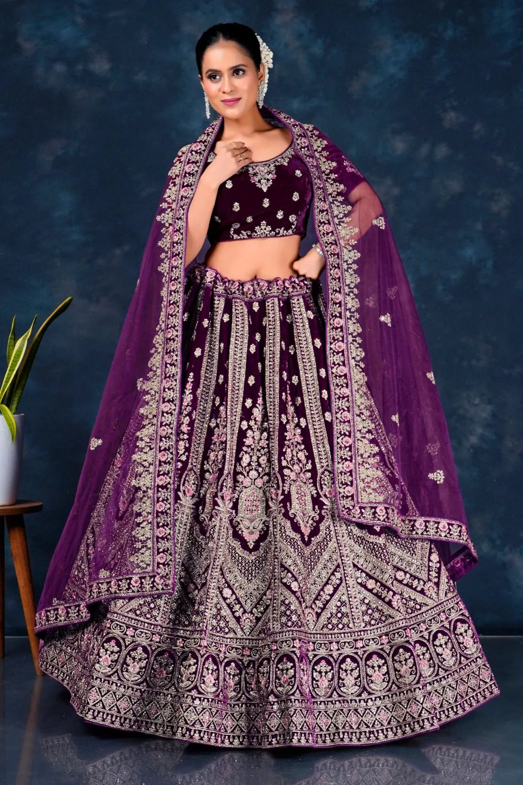 Wine Wedding Lehenga for Bride in Velvet