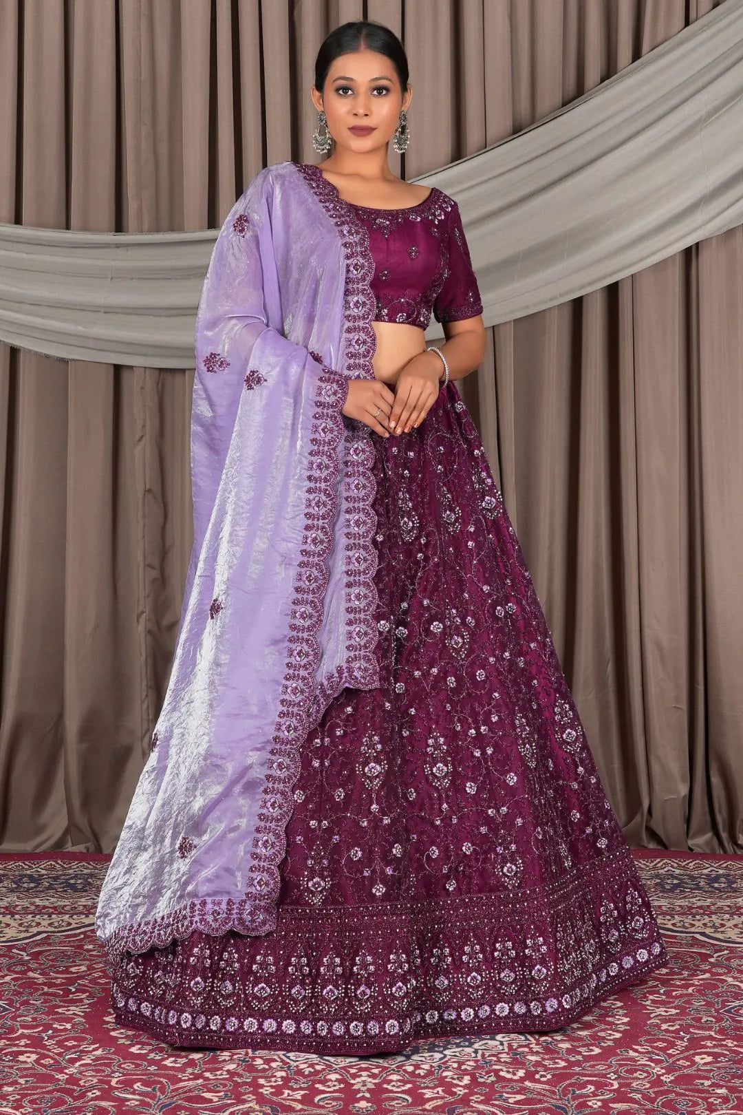 Wine Wedding Wear Embroidered Net Lehenga Choli For Women