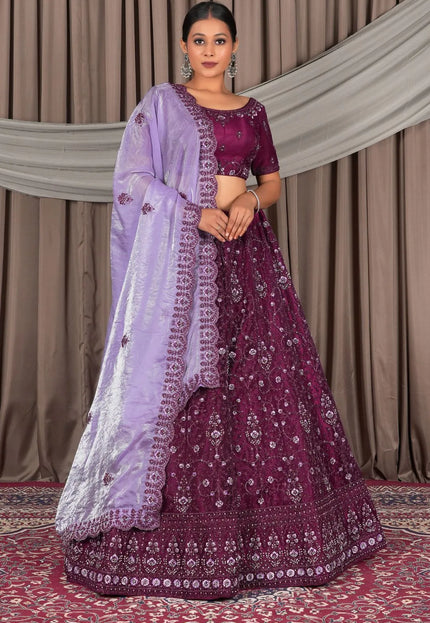 Wine Wedding Wear Embroidered Net Lehenga Choli For Women