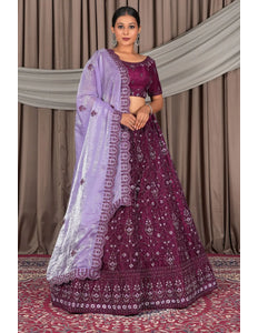 Wine Wedding Wear Embroidered Net Lehenga Choli For Women