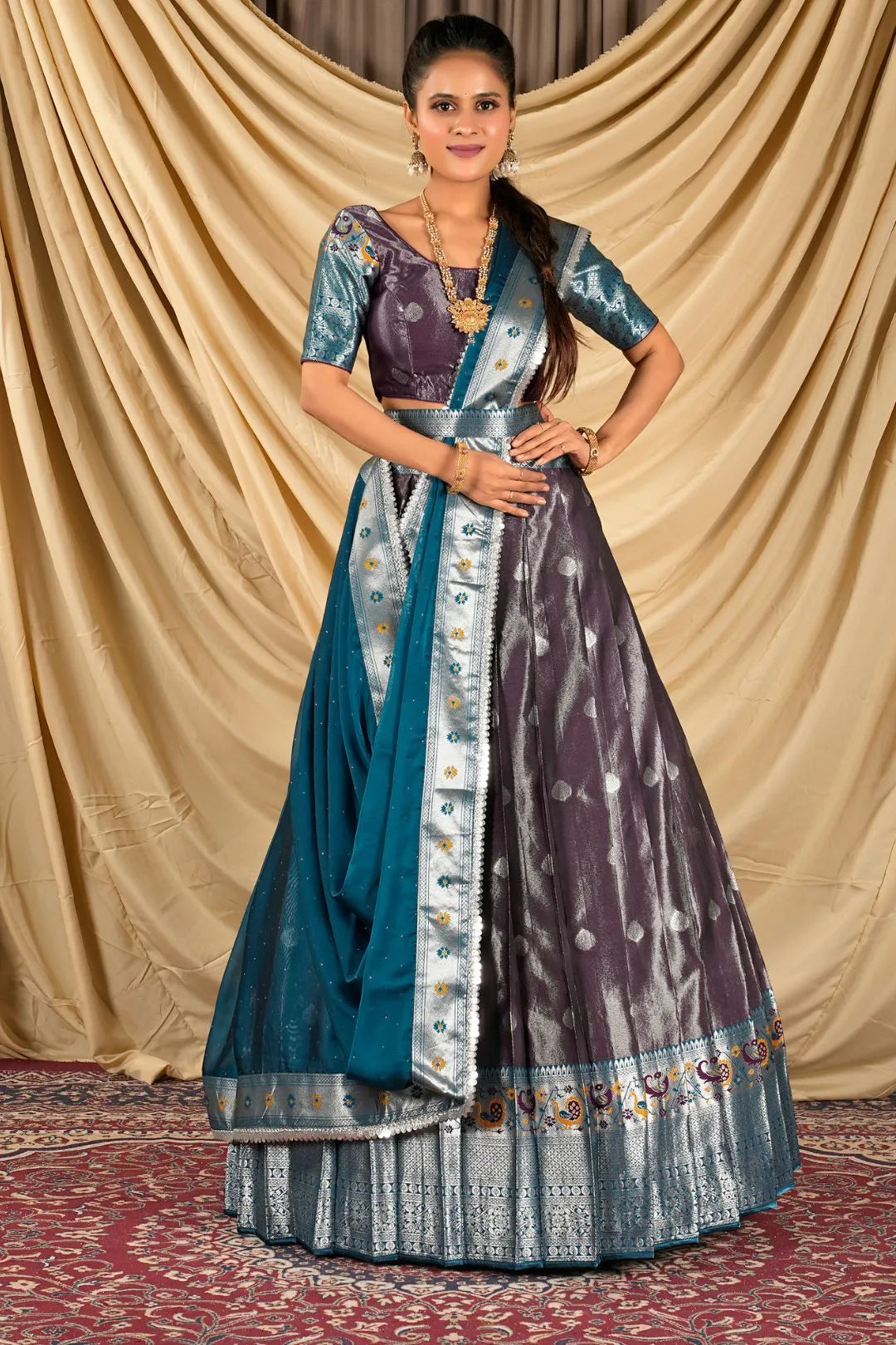 Wine Zari Banarasi Silk Half Saree For Women