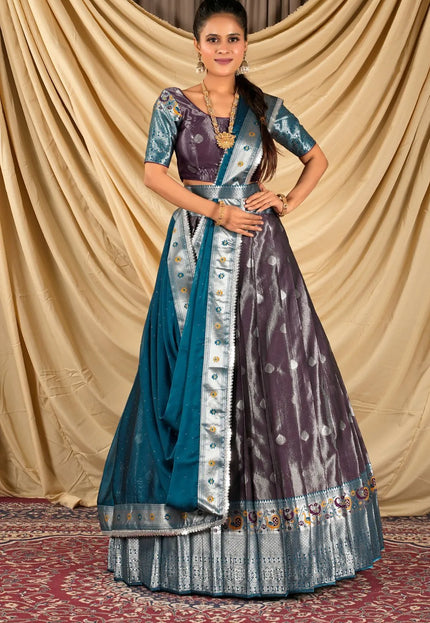 Wine Zari Banarasi Silk Half Saree For Women