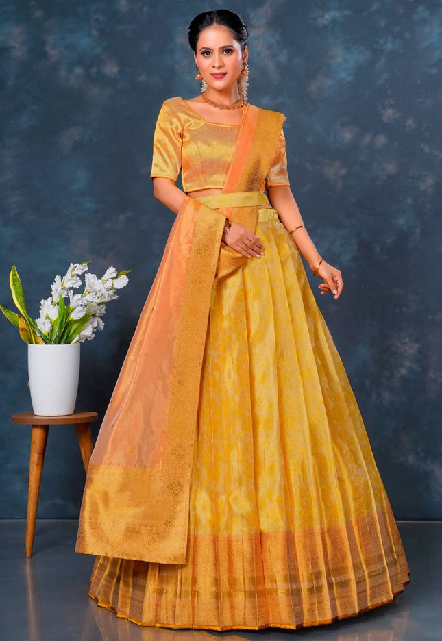 Yellow Designer Lehenga Choli in Tissue Silk