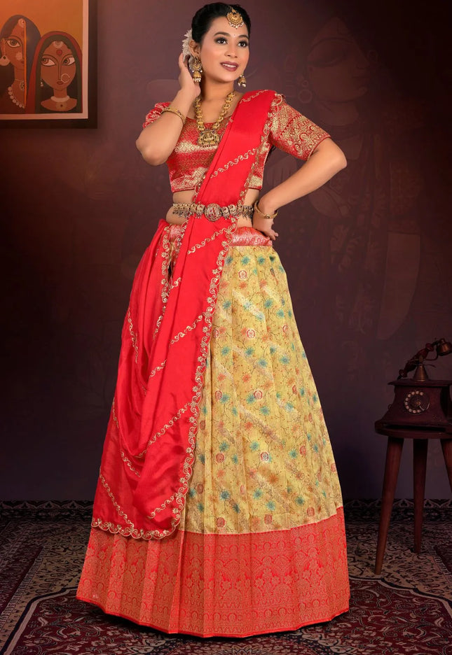 Yellow Digital Print Banglori Slub Lehenga Choli For Women