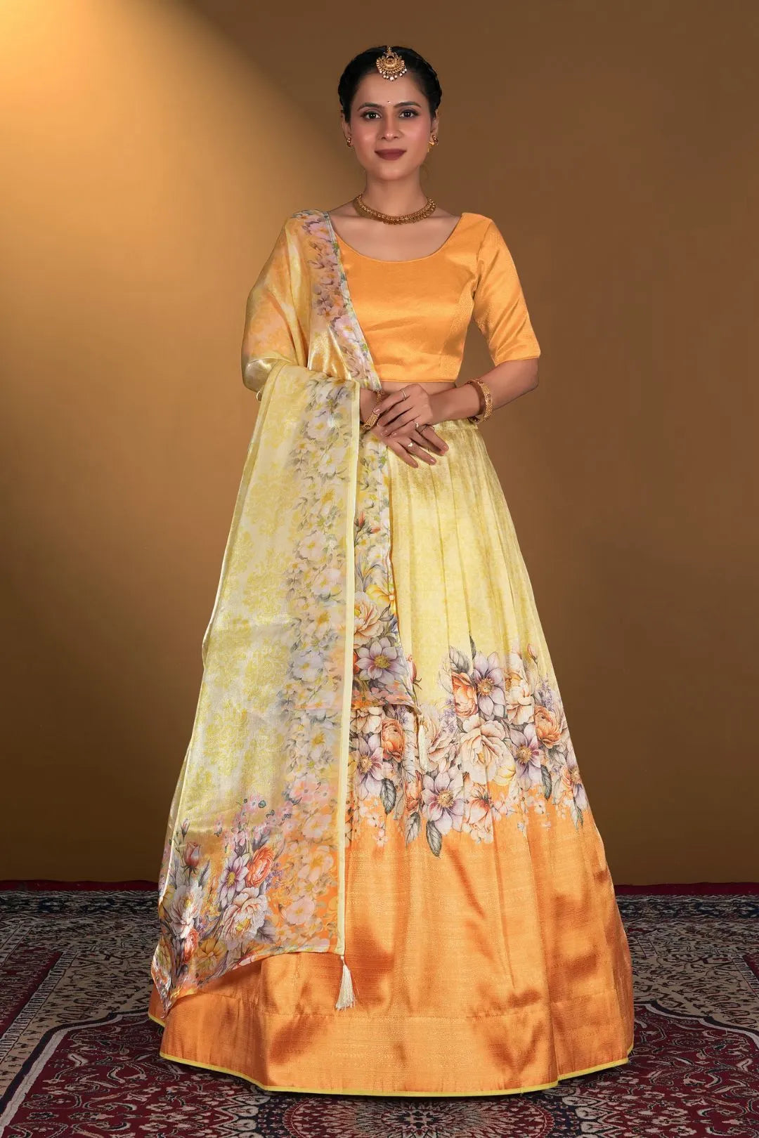 Yellow Digital Printed Satin Lehenga With Chinnon Dupatta