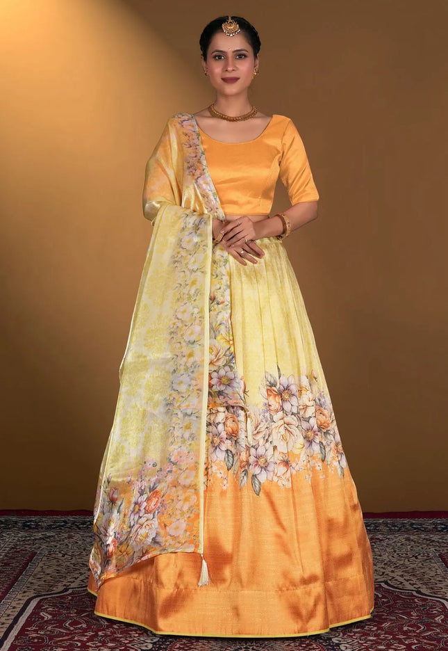 Yellow Digital Printed Satin Lehenga With Chinnon Dupatta