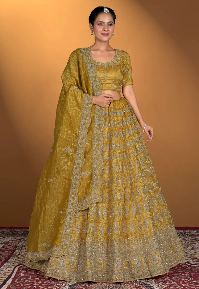 Yellow Gold Crush Embroidery Lehenga Choli For Women