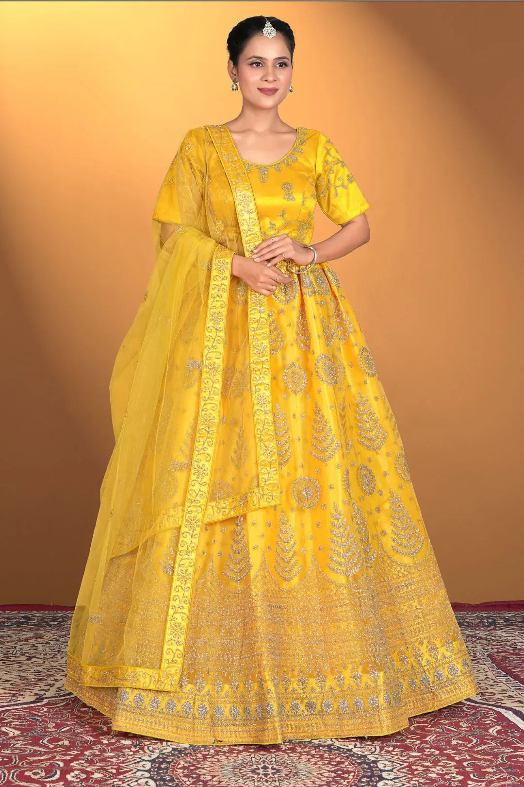 Yellow Net Lehenga Choli For Women With Embroidery Work