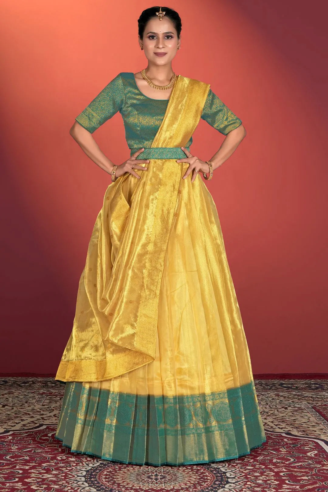 Yellow Tissue Silk Pattu Half Saree With Zari Woven