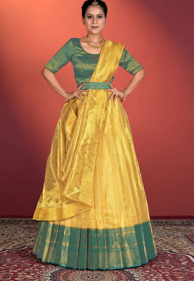 Yellow Tissue Silk Pattu Half Saree With Zari Woven