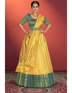 Yellow Tissue Silk Pattu Half Saree With Zari Woven