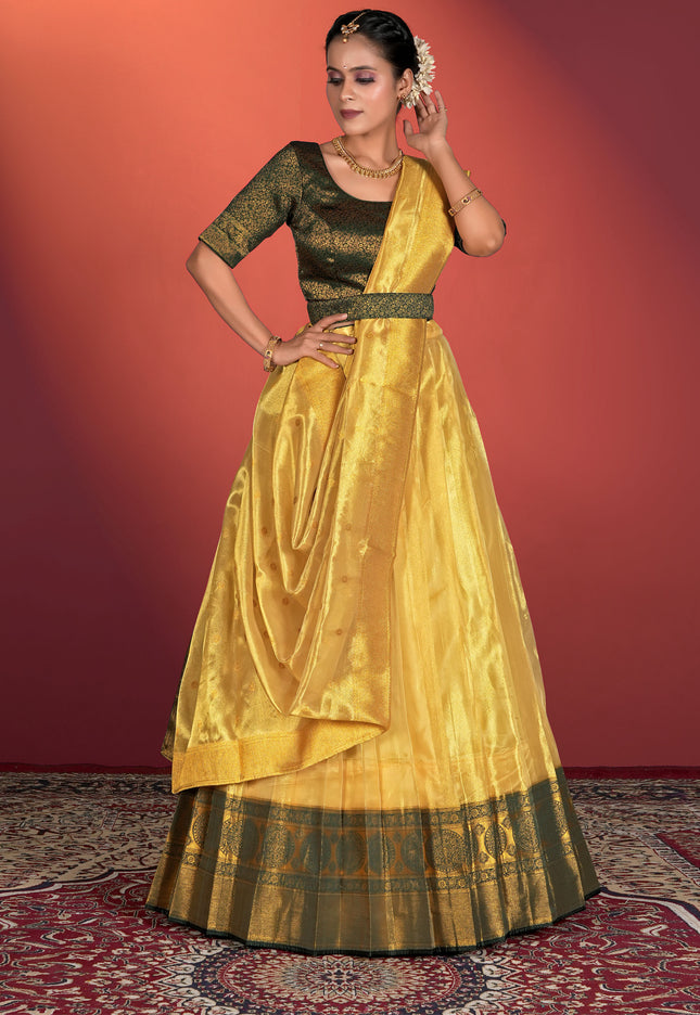 Woman wearing a yellow and green traditional lehenga choli