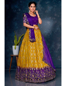 Yellow Viscos Muslin Lehenga With Purple Dupatta Gajiwala