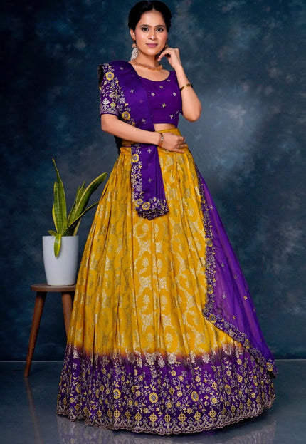 Yellow Viscos Muslin Lehenga With Purple Dupatta