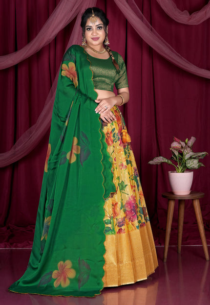 Woman in a green and yellow lehenga with floral patterns