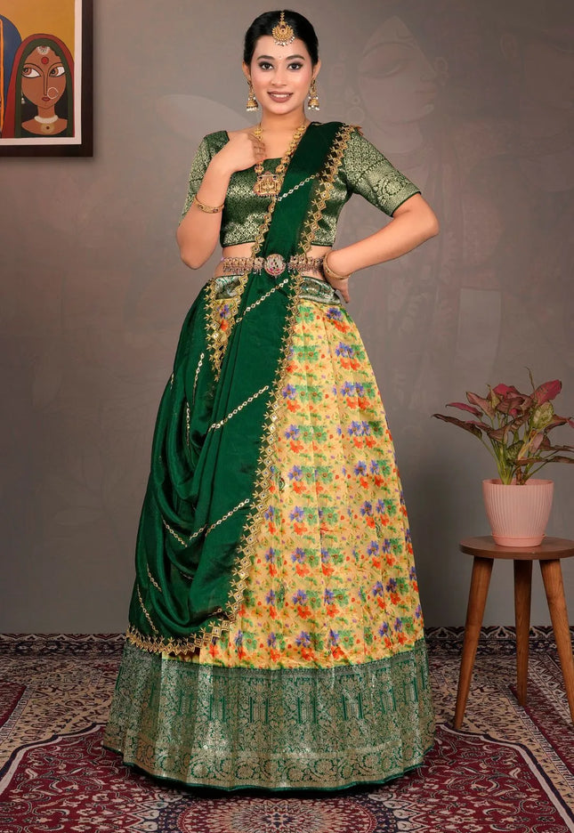 Yellow Zari Tissue Lehenga Choli With Digital Print
