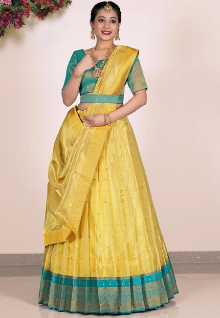 Yellow tissue Fabric Pattu Pavadai For Women