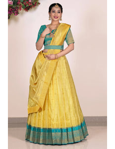 Yellow tissue Fabric Pattu Pavadai For Women