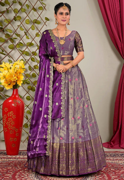 Purple Zari Silk Semi-Stitched Lehenga For Women