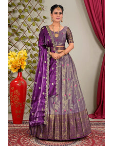 Purple Zari Silk Semi-Stitched Lehenga For Women