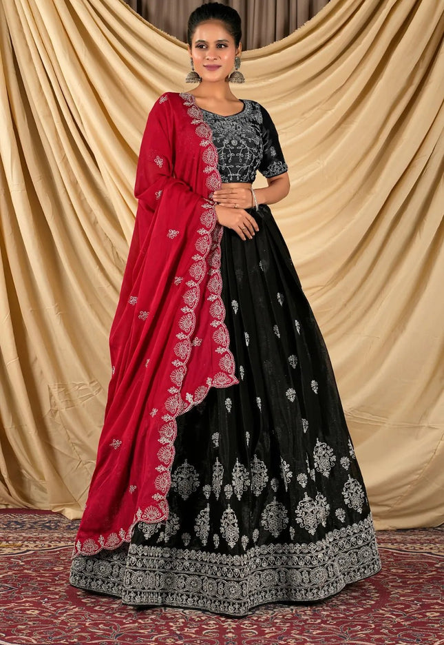 Black Barbery Silk Lehenga Choli With Rangoli Dupatta - Gajiwala