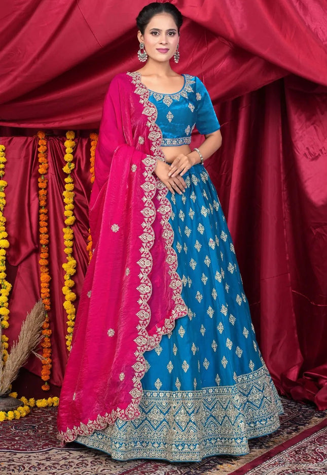 Blue Fendy Silk Pattu Lehenga Choli With Embroidery Work - Gajiwala
