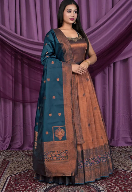 Brown Designer Banarasi Gown With Dupatta - Gajiwala