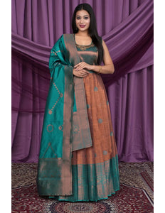 Brown Designer Banarasi Gown With Dupatta - Gajiwala