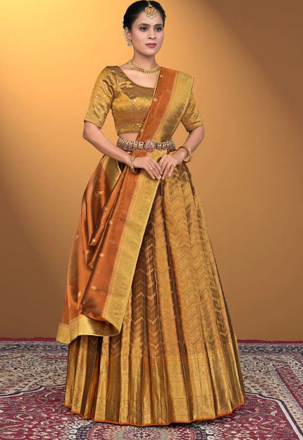 Brown Pure Two Zari Tissue Half Saree For Women - Gajiwala