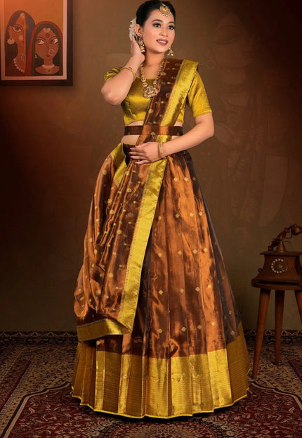 Brown Tissue Silk Zari Work Lehenga Choli For Women - Gajiwala
