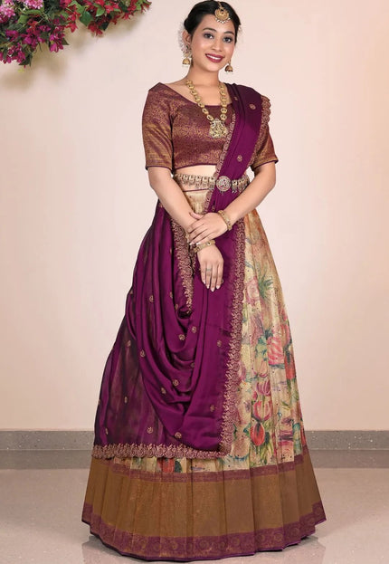 Chiku Banarasi Jacquard With Digital Print Lehenga Choli - Gajiwala
