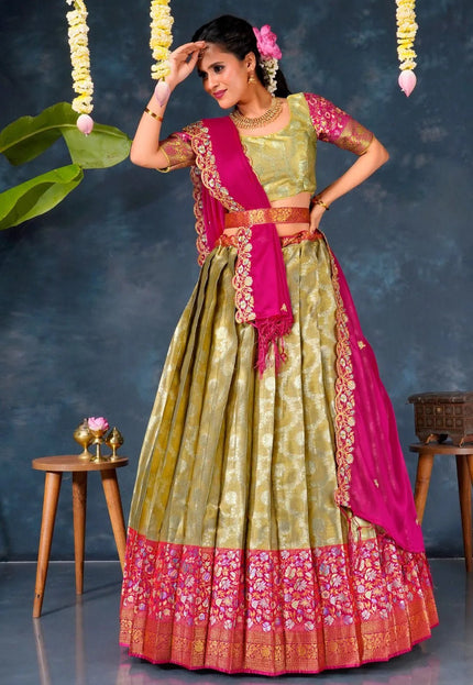 Chiku Banarasi Silk Pattu Half Saree With Zari Work - Gajiwala