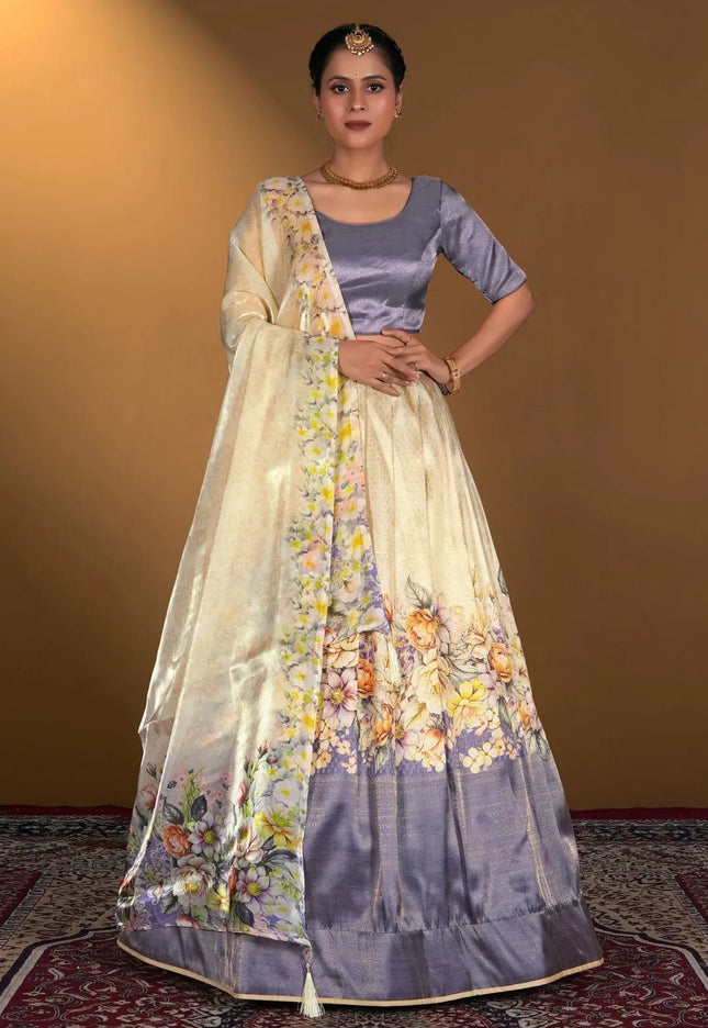 Chiku Digital Printed Satin Lehenga With Chinnon Dupatta - Gajiwala