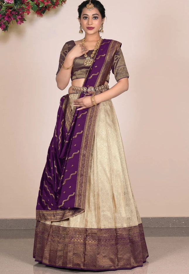 Chiku Jacquard Banarasi Silk Lehenga With Zari Woven - Gajiwala