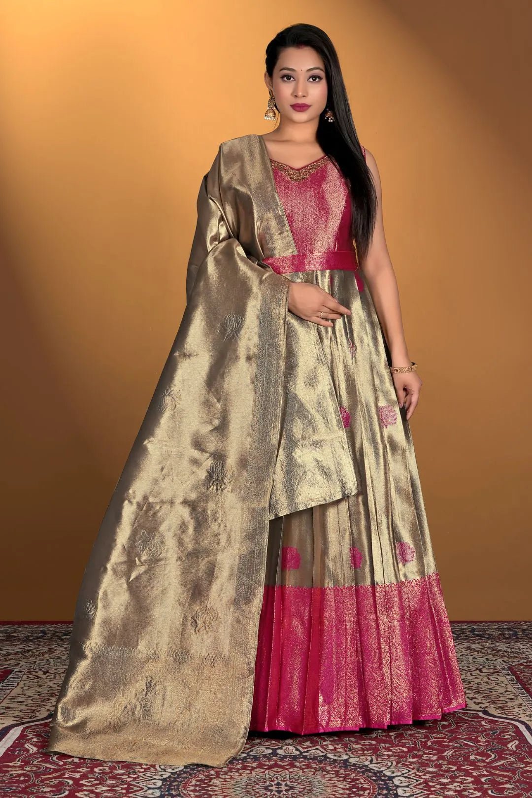 Chiku Long Gown Banarasi Silk Zari Weaving - Gajiwala