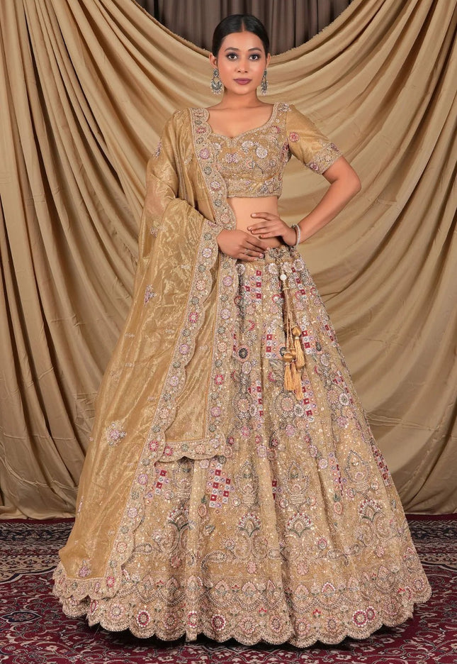 Chiku Party Wear Embroidered Twill Net Lehenga Choli For Women - Gajiwala