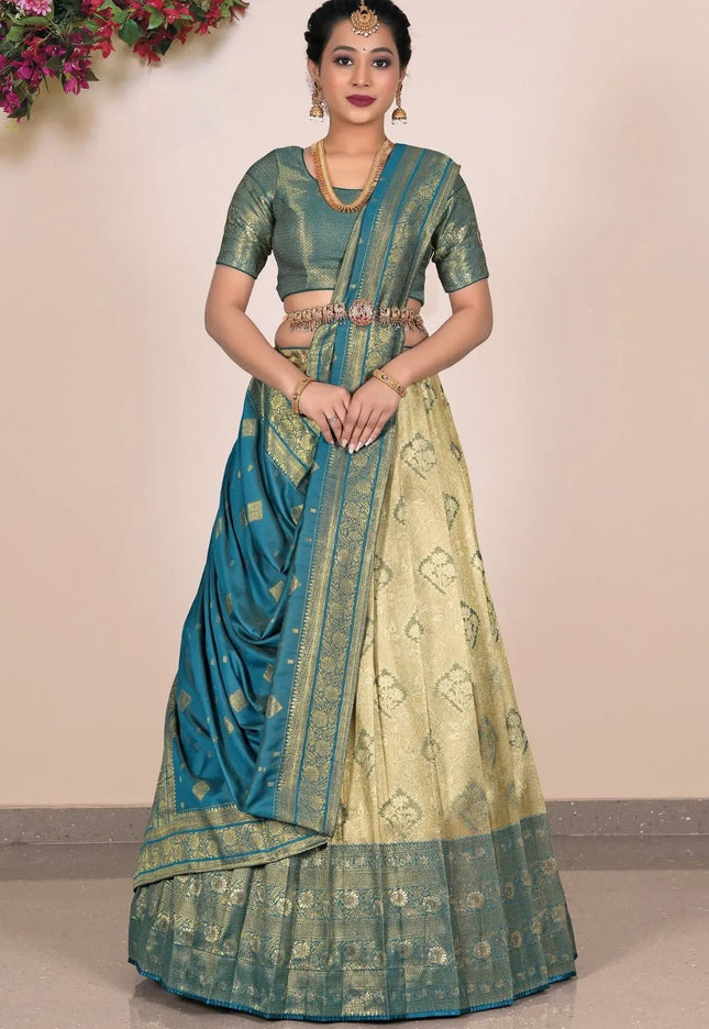Chiku Self Jacquard Banarasi Silk Half Saree With Dupatta - Gajiwala